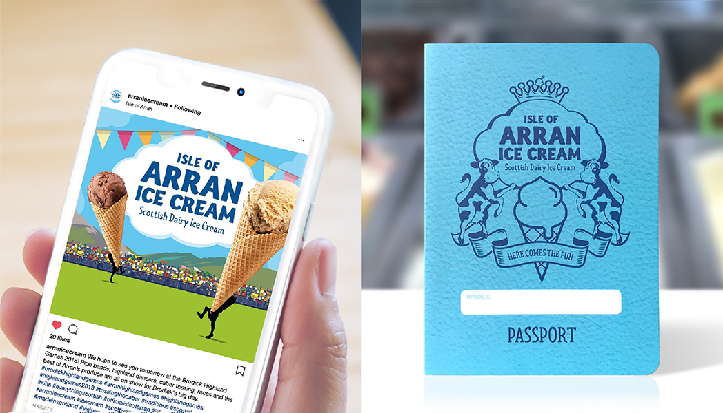 Catriona Tod's illustrations used on social media and a passport for Arran Ice Cream