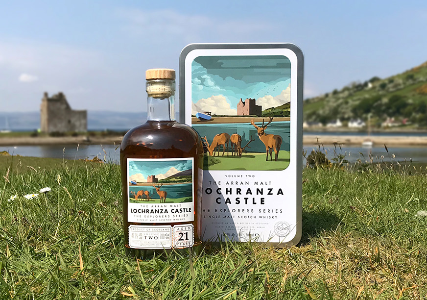 Lochranza Castle, Arran illustration by Catriona Tod on Isle of Arran Whisky packaging