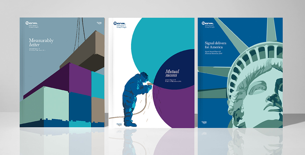 Signal Annual Report covers with illustrations designed by Catriona Tod