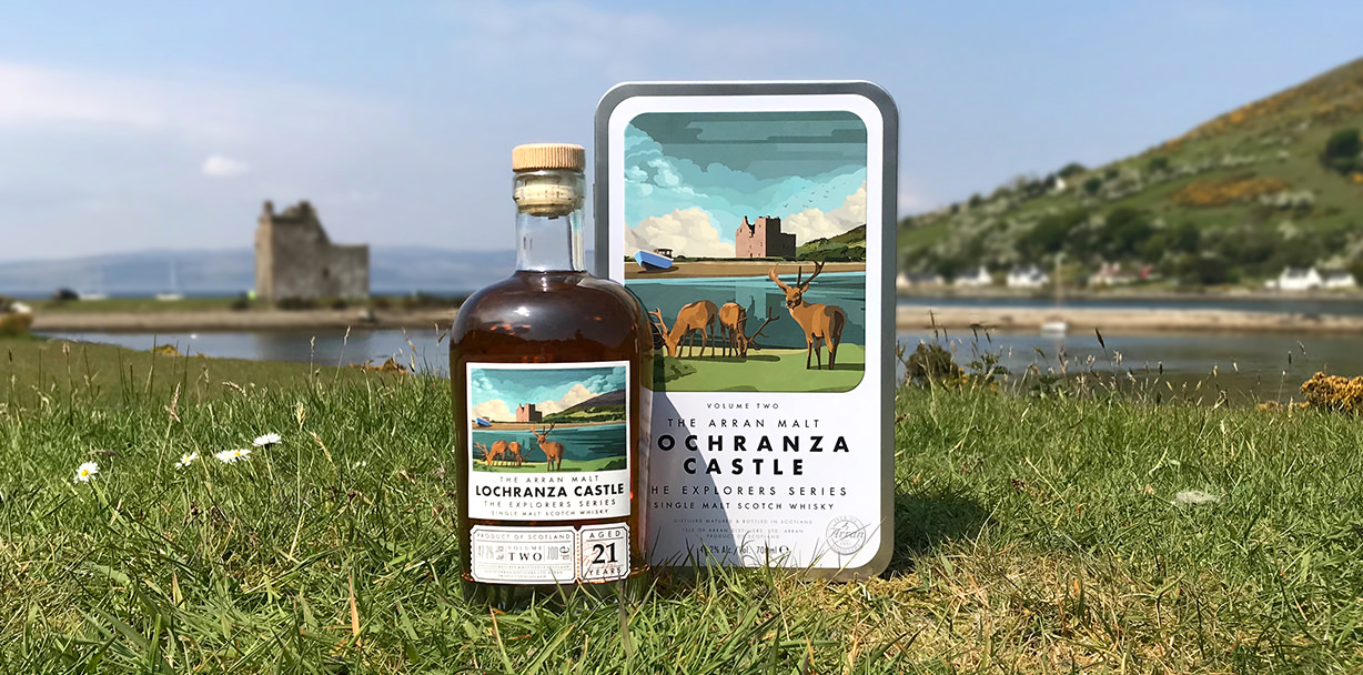 Isle of Arran Distillery whisky featuring Catriona Tod's Lochranza Castle illustration