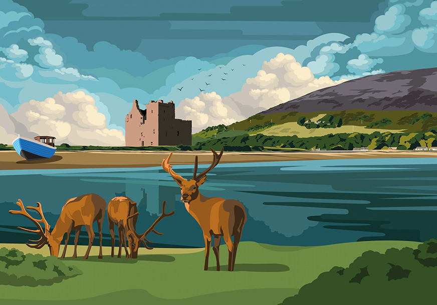 Catriona Tod's Lochranza Castle illustration for Isle of Arran Distillery